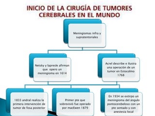 Meningiomas infra y
                                            supratentoriales




                                                                 Acrel describe e ilustra
               Netsky y lapresle afirman
                                                                  una operación de un
                    que opero un
                                                                  tumor en Estocolmo
                meningioma en 1614
                                                                          1768




                                                                   En 1934 se extirpo un
 1833 andral realiza la             Primer pte que                meningioma del ángulo
primera intervención de         sobrevivió fue operado            pontocerebeloso con un
tumor de fosa posterior           por macEwen 1879                   pte sentado y con
                                                                       anestesia local
 