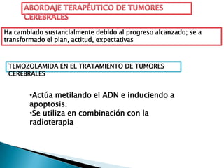 Ha cambiado sustancialmente debido al progreso alcanzado; se a
transformado el plan, actitud, expectativas



 TEMOZOLAMIDA EN EL TRATAMIENTO DE TUMORES
 CEREBRALES


        •Actúa metilando el ADN e induciendo a
        apoptosis.
        •Se utiliza en combinación con la
        radioterapia
 