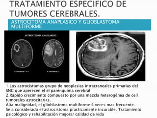 ASTROCITOMA ANAPLASICO Y GLIOBLASTOMA
  MULTIFORME




1.Los astrocistomas grupo de neoplasias intracraneales primarias del
SNC que aperecen el el parénquima cerebral
2.Rapido crecimiento compuesto por una mezcla heterogénea de cell
tumorales astrocitarias.
Alta malignidad, el glioblastoma multiforme 4 veces mas frecuente.
Se a considerado el astrocistoma practicamente incurable. Tratamiento
psicológico y rehabilitación mejorar calidad de vida
 