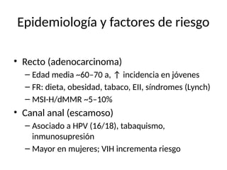 Epidemiología y factores de riesgo
• Recto (adenocarcinoma)
– Edad media ~60–70 a, ↑ incidencia en jóvenes
– FR: dieta, obesidad, tabaco, EII, síndromes (Lynch)
– MSI-H/dMMR ~5–10%
• Canal anal (escamoso)
– Asociado a HPV (16/18), tabaquismo,
inmunosupresión
– Mayor en mujeres; VIH incrementa riesgo
 