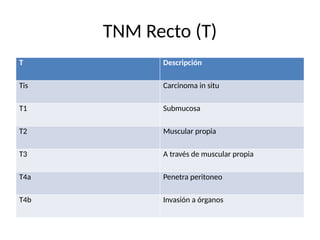 TNM Recto (T)
T Descripción
Tis Carcinoma in situ
T1 Submucosa
T2 Muscular propia
T3 A través de muscular propia
T4a Penetra peritoneo
T4b Invasión a órganos
 
