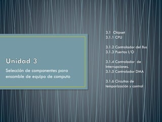 3.1 Chipset
3.1.1 CPU
3.1.2 Controlador del Bus
3.1.3 Puertos I/O

Selección de componentes para
ensamble de equipo de computo

3.1.4 Controlador de
Interrupciones.
3.1.5 Controlador DMA
3.1.6 Circuitos de
temporización y control

 