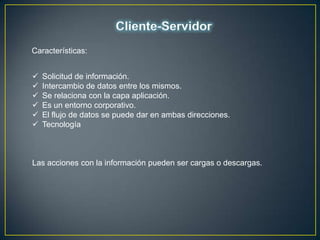 Características:


   Solicitud de información.
   Intercambio de datos entre los mismos.
   Se relaciona con la capa aplicación.
   Es un entorno corporativo.
   El flujo de datos se puede dar en ambas direcciones.
   Tecnología



Las acciones con la información pueden ser cargas o descargas.
 