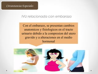 IVU relacionada con embarazo
Con el embarazo, se presentan cambios
anatomicos y fisiologicos en el tracto
urinario debido a la compresion del utero
gravido y a alteraciones en el medio
hormonal
Circunstancias Especiales
 