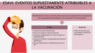 ESAVI: EVENTOS SUPUESTAMENTE ATRIBUIBLES A
LA VACUNACIÓN
Graves
•Causan la muerte del paciente
•Ponen en riesgo la vida del paciente
•Ameritan hospitalización o mayor tiempo en
hospitalización
•Causa de invalidez o incapacidad persistente o
significativa
•Causan alteraciones o malformaciones en el
RN
No graves
•Todos los eventos que
no cumplen criterios de
ESAVI graves
Manifestacion clínica o evento clínico que ocurre después de la vacunación
y es supuestamente atribuido a la vacunación o inmunización.
 