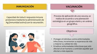 INMUNIZACIÓN VACUNACIÓN
Capacidad de inducir respuesta inmune
protectora mediante la administración de
Ag (inmunidad activa) con la vacunación.
Proceso de aplicación de una vacuna, se
realiza de acuerdo a una planeación
estratégica en un grupo etario y en unárea
geográfica.
Objetivos
• Proteger al individuo contra enfermedades
infecciosas, incrementar su esperanza de vida
y mejorar su calidad de vida
• Erradicar enfermedades infecciosas que solo
afectan al ser humano y controlar aquellar que
afectan a más especies
 