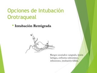 Opciones de Intubación
Orotraqueal
 Intubación RetrógradaIntubación Retrógrada
Riesgos asociados: sangrado, lesión
laríngea, enfisema subcutáneo,
infecciones, intubación fallida.
 