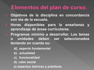 1. Objetivos de la disciplina en concordancia
con los de la escuela.
2. Horas disponibles para la enseñanza y
aprendizaje de áreas curriculares.
3. Programas mínimo a desarrollar. Los temas
o unidades deben ser seleccionados
teniendo en cuenta su:
› a). aspecto fundamental
› b). actualidad
› c). funcionalidad
› d). valor social
› e) aspectos teóricos y prácticos.
 