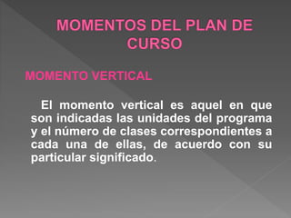 MOMENTO VERTICAL
El momento vertical es aquel en que
son indicadas las unidades del programa
y el número de clases correspondientes a
cada una de ellas, de acuerdo con su
particular significado.
 