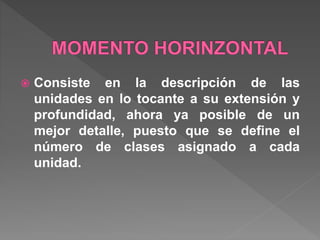  Consiste en la descripción de las
unidades en lo tocante a su extensión y
profundidad, ahora ya posible de un
mejor detalle, puesto que se define el
número de clases asignado a cada
unidad.
 