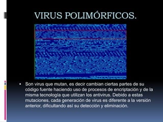 VIRUS POLIMÓRFICOS.




 Son virus que mutan, es decir cambian ciertas partes de su
  código fuente haciendo uso de procesos de encriptación y de la
  misma tecnología que utilizan los antivirus. Debido a estas
  mutaciones, cada generación de virus es diferente a la versión
  anterior, dificultando así su detección y eliminación.
 