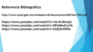 Referencia Bibliográfica
http://www.salud.gob.mx/unidades/cdi/documentos/DOCSAL7584.pdf
https://www.youtube.com/watch?v=v4L4LS8wq2c
https://www.youtube.com/watch?v=OPsN8wEJxVk
https://www.youtube.com/watch?v=t2jfjOt4WNo
 
