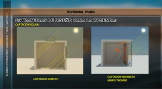 ACONDICIONAMIENTOAMBIENTATEMA–VIVIENDA
VIVIENDA PUNO
CAPTACIÓN SOLAR:
CAPTADOR DIRECTO
CAPTADOR INDIRECTO
MURO TROMBE
 