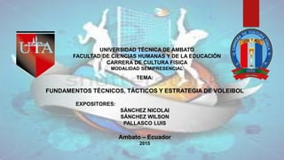 TEMA:
FUNDAMENTOS TÉCNICOS, TÁCTICOS Y ESTRATEGIA DE VOLEIBOL
EXPOSITORES:
SÁNCHEZ NICOLAI
SÁNCHEZ WILSON
PALLASCO LUIS
Ambato – Ecuador
2015
UNIVERSIDAD TÉCNICA DE AMBATO
FACULTAD DE CIENCIAS HUMANAS Y DE LA EDUCACIÓN
CARRERA DE CULTURA FÍSICA
MODALIDAD SEMIPRESENCIAL
 