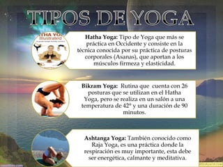 Hatha Yoga: Tipo de Yoga que más se
práctica en Occidente y consiste en la
técnica conocida por su práctica de posturas
corporales (Asanas), que aportan a los
músculos firmeza y elasticidad.



Bikram Yoga: Rutina que cuenta con 26
posturas que se utilizan en el Hatha
Yoga, pero se realiza en un salón a una
temperatura de 42° y una duración de 90
minutos.

Ashtanga Yoga: También conocido como
Raja Yoga, es una práctica donde la
respiración es muy importante, esta debe
ser energética, calmante y meditativa.

 
