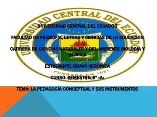UNIVERSIDAD CENTRAL DEL ECUADOR
FACULTAD DE FILOSOFIA, LETRAS Y CIENCIAS DE LA EDUCACION
CARRERA DE CIENCIAS NATURALES Y DEL AMBIENTE BIOLOGIA Y
QUIMICA
ESTUDIANTE: BRAVO VERÓNICA
CURSO: SEMESTRE: 6º «A»
TEMA: LA PEDAGOGÍA CONCEPTUAL Y SUS INSTRUMENTOS

 