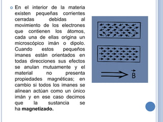    En el interior de la materia
    existen pequeñas corrientes
    cerradas       debidas       al
    movimiento de los electrones
    que contienen los átomos,
    cada una de ellas origina un
    microscópico imán o dipolo.
    Cuando      estos    pequeños
    imanes están orientados en
    todas direcciones sus efectos
    se anulan mutuamente y el
    material      no      presenta
    propiedades magnéticas; en
    cambio si todos los imanes se
    alinean actúan como un único
    imán y en ese caso decimos
    que      la    sustancia    se
    ha magnetizado.
 