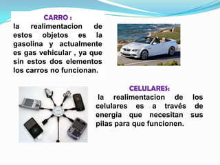 CELULARES:
la realimentacion de los
celulares es a través de
energía que necesitan sus
pilas para que funcionen.
CARRO :
la realimentacion de
estos objetos es la
gasolina y actualmente
es gas vehicular , ya que
sin estos dos elementos
los carros no funcionan.
 