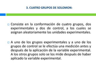 3. CUATRO GRUPOS DE SOLOMON:Consiste en la conformación de cuatro grupos, dos experimentales y dos de control, a los cuales se asignan aleatoriamente las unidades experimentales. A uno de los grupos experimentales y a uno de los grupos de control se le efectúa una medición antes y después de la aplicación de la variable experimental. A los otros grupos solo se los mide después de haber aplicado la variable experimental. 