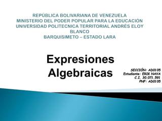 Expresiones
Algebraicas SECCIÓN: AD0105
Estudiante: ERIK NAVA
C.I. 30.071.591
PNF: AD0105
 
