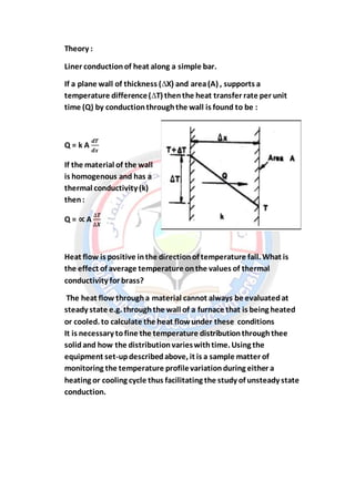 Theory :
Liner conductionof heat along a simple bar.
If a plane wall of thickness (∆X) and area(A) , supports a
temperature difference(∆T) thenthe heat transfer rate per unit
time (Q) by conductionthroughthe wall is found to be :
Q = k A
𝒅𝑻
𝒅𝒙
If the material of the wall
is homogenous and has a
thermal conductivity (k)
then:
Q = ∝ A
∆𝑻
∆𝑿
Heat flow is positive inthe directionof temperature fall. What is
the effect of average temperature onthe values of thermal
conductivity for brass?
The heat flow througha material cannot always be evaluatedat
steady state e.g. throughthe wall of a furnace that is being heated
or cooled. to calculate the heat flow under these conditions
It is necessary tofine the temperature distributionthroughthee
solidand how the distributionvarieswithtime. Using the
equipment set-updescribedabove, it is a sample matter of
monitoring the temperature profilevariationduring either a
heating or cooling cycle thus facilitating the study of unsteady state
conduction.
 