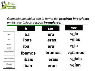 Completa las tablas con la forma del  pretérito imperfecto  en los  tres únicos  verbos irregulares : iba ibas iba íbamos ibais iban era eras era éramos erais eran v e ía v e ías v e ía v e íamos v e íais v e ían yo tú él/ella usted nosotros/as vosotros/as ellos/as ustedes ir ser ver 