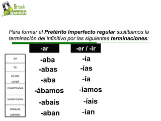 Para formar el  Pretérito Imperfecto regular  sustituimos la terminación del infinitivo por las siguientes  terminaciones : -aba -abas -aba -ábamos -abais -aban -ía -ías - ía - íamos - íais - ían yo tú él/ella usted nosotros/as vosotros/as ellos/as ustedes -ar -er / -ir 