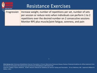 Resistance Exercises
Progression Increase weight, number of repetitions per set, number of sets
per session or reduce rests when individuals can perform 1 to 2
repetitions over the desired number on 2 consecutive sessions
Monitor RPE plus muscle/joint fatigue, soreness, and pain
l
Chris Garvey et al. Pulmonary Rehabilitation Exercise Prescription in Chronic Obstructive Pulmonary Disease: Review of Selected Guidelines An official statement from
the American Association Of Cardiovascular And Pulmonary Rehabilitation.JCRP.2016:75-83
American College of Sports Medicine . ACSM’s Resource Manual for Guidelines for Exercise Testing and Prescription . 7th ed. Baltimore, MD : Lippincott Williams &
Wilkins ; 2013 .
 