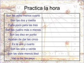 Practica la hora Van a dar las once Son las siete menos diez Son las seis y veinte Es la una y cuarto Acaban de dar las cinco Son las diez en punto Son las cuatro más o menos Falta poco para las tres Son las dos y media Son las ocho menos cuarto 