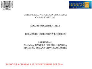 UNIVERSIDAD AUTONOMA DE CHIAPAS 
CAMPUS VIRTUAL 
SEGURIDAD ALIMENTARIA 
FORMAS DE EXPRESIÓN Y EJEMPLOS 
PRESENTAN: 
ALUMNA: DANIELA GORDILLO GARCÍA 
MAESTRA: SUSANA CHAVIRA ORANTES 
TAPACHULA CHIAPAS A 13 DE SEPTIEMBRE DEL 2014 
 