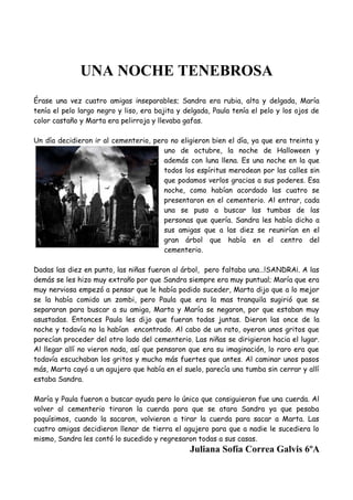 UNA NOCHE TENEBROSA
Érase una vez cuatro amigas inseparables; Sandra era rubia, alta y delgada, María
tenía el pelo largo ...
