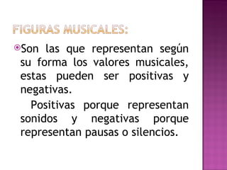 Son  las que representan según
 su forma los valores musicales,
 estas pueden ser positivas y
 negativas.
   Positivas porque representan
 sonidos y negativas porque
 representan pausas o silencios.
 