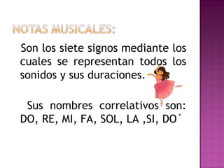 Son los siete signos mediante los
cuales se representan todos los
sonidos y sus duraciones.

 Sus nombres correlativos son:
DO, RE, MI, FA, SOL, LA ,SI, DO´
 