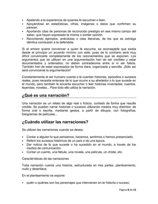    Apelando a la experiencia de quienes le escuchan o leen.
   Apoyándose en estadísticas, cifras, imágenes o datos que confirmen su
    parecer.
   Aportando citas de personas de reconocido prestigio en ese mismo campo del
    saber, que hayan expresado la misma o similar opinión.
   Recordando ejemplos, anécdotas o citas literarias, de los que se extraiga
    idéntica conclusión a la defendida.

Si el emisor quiere convencer a quien le escucha, es aconsejable que exista
desde el principio un acuerdo mínimo con este, pues de lo contrario será muy
difícil convencerle completamente de los razonamientos que se exponen. Los
argumentos que se utilicen en una argumentación han de ser creíbles y estar
documentados y ordenados; no deben contradecirse entre sí ni ser falsos.
También han de estar expresados de forma clara, organizada y sencilla. ¡Sólo así
será convincente la argumentación!

Constantemente el ser humano cuenta o le cuentan historias, episodios o sucesos
reales, pues necesita enterase de lo que ocurre a su alrededor o lo que sucede en
el mundo; pero también le encanta escuchar o leer historias inventadas: cuentos,
leyendas, novelas... Para todo ello utiliza la narración.

¿Qué es una narración?
Una narración es un relato de algo real o ficticio, contado de forma que resulte
creíble. Se pueden narrar historias o sucesos utilizando medios muy distintos: de
forma oral o escrita, mediante gestos, a partir de dibujos, con fotografías,
fotogramas de películas...

¿Cuándo utilizar las narraciones?
Se utilizan las narraciones cuando se desea:

   Contar a alguien lo que pensamos, hacemos, sentimos o hemos presenciado.
   Referir los sucesos históricos de un país o de una época.
   Dar noticia de lo que sucede o ha sucedido en el mundo, a través de los
    medios de comunicación.
   Contar un cuento, una fábula, una novela, una película, un chiste, etc.

Características de las narraciones

Toda narración cuenta una historia, estructurada en tres partes: planteamiento,
nudo y desenlace.

En el planteamiento se expone:

   quién o quiénes son los personajes que intervienen en la historia o suceso;

                                                                       Página 8 de 15
 