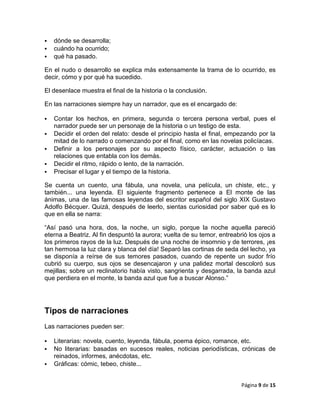    dónde se desarrolla;
   cuándo ha ocurrido;
   qué ha pasado.

En el nudo o desarrollo se explica más extensamente la trama de lo ocurrido, es
decir, cómo y por qué ha sucedido.

El desenlace muestra el final de la historia o la conclusión.

En las narraciones siempre hay un narrador, que es el encargado de:

   Contar los hechos, en primera, segunda o tercera persona verbal, pues el
    narrador puede ser un personaje de la historia o un testigo de esta.
   Decidir el orden del relato: desde el principio hasta el final, empezando por la
    mitad de lo narrado o comenzando por el final, como en las novelas policíacas.
   Definir a los personajes por su aspecto físico, carácter, actuación o las
    relaciones que entabla con los demás.
   Decidir el ritmo, rápido o lento, de la narración.
   Precisar el lugar y el tiempo de la historia.

Se cuenta un cuento, una fábula, una novela, una película, un chiste, etc., y
también... una leyenda. El siguiente fragmento pertenece a El monte de las
ánimas, una de las famosas leyendas del escritor español del siglo XIX Gustavo
Adolfo Bécquer. Quizá, después de leerlo, sientas curiosidad por saber qué es lo
que en ella se narra:

―Así pasó una hora, dos, la noche, un siglo, porque la noche aquella pareció
eterna a Beatriz. Al fin despuntó la aurora; vuelta de su temor, entreabrió los ojos a
los primeros rayos de la luz. Después de una noche de insomnio y de terrores, ¡es
tan hermosa la luz clara y blanca del día! Separó las cortinas de seda del lecho, ya
se disponía a reírse de sus temores pasados, cuando de repente un sudor frío
cubrió su cuerpo, sus ojos se desencajaron y una palidez mortal descoloró sus
mejillas; sobre un reclinatorio había visto, sangrienta y desgarrada, la banda azul
que perdiera en el monte, la banda azul que fue a buscar Alonso.‖




Tipos de narraciones
Las narraciones pueden ser:

   Literarias: novela, cuento, leyenda, fábula, poema épico, romance, etc.
   No literarias: basadas en sucesos reales, noticias periodísticas, crónicas de
    reinados, informes, anécdotas, etc.
   Gráficas: cómic, tebeo, chiste...


                                                                         Página 9 de 15
 