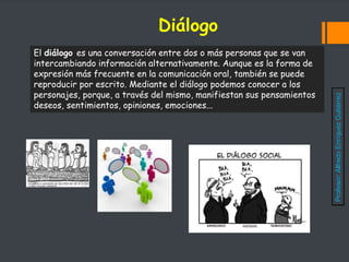 Diálogo
El diálogo es una conversación entre dos o más personas que se van
intercambiando información alternativamente. Aunque es la forma de
expresión más frecuente en la comunicación oral, también se puede
reproducir por escrito. Mediante el diálogo podemos conocer a los
personajes, porque, a través del mismo, manifiestan sus pensamientos
deseos, sentimientos, opiniones, emociones...
Profesor:
Alfredo
Enríquez
Gutiérrez
 