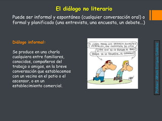 Puede ser informal y espontáneo (cualquier conversación oral) o
formal y planificado (una entrevista, una encuesta, un debate...)
El diálogo no literario
Diálogo informal:
Se produce en una charla
cualquiera entre familiares,
conocidos, compañeros del
trabajo o amigos, en la breve
conversación que establecemos
con un vecino en el patio o el
ascensor, o en un
establecimiento comercial.
Profesor:
Alfredo
Enríquez
Gutiérrez
 
