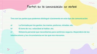 Tres son las partes que podemos distinguir claramente en este tipo de comunicación:
a) La formada por los gestos, las manos, posturas, miradas, etc.
b) El tono de voz, velocidad al hablar, etc.
c) Distancia personal que necesitamos para sentirnos seguros. Dependerá de los
interlocutores y las circunstancias en las que nos movamos.
Partes en la comunicación no verbal
 