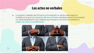 ● Los signos o señales que forman la comunicación no verbal varían según el
contexto en el que nos movamos. Ekman y Friesen, estudiosos de la comunicación
no verbal establecieron tres variables que influyen en los actos no verbales: el
origen, los usos y la codificación.
Los actos no verbales
 
