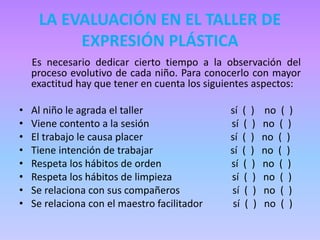 LA EVALUACIÓN EN EL TALLER DE
EXPRESIÓN PLÁSTICA
Es necesario dedicar cierto tiempo a la observación del
proceso evolutivo de cada niño. Para conocerlo con mayor
exactitud hay que tener en cuenta los siguientes aspectos:
• Al niño le agrada el taller sí ( ) no ( )
• Viene contento a la sesión sí ( ) no ( )
• El trabajo le causa placer sí ( ) no ( )
• Tiene intención de trabajar sí ( ) no ( )
• Respeta los hábitos de orden sí ( ) no ( )
• Respeta los hábitos de limpieza sí ( ) no ( )
• Se relaciona con sus compañeros sí ( ) no ( )
• Se relaciona con el maestro facilitador sí ( ) no ( )
 