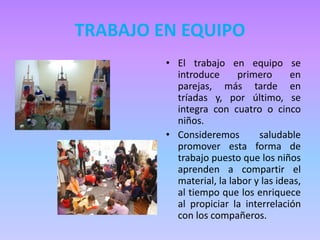 TRABAJO EN EQUIPO
• El trabajo en equipo se
introduce primero en
parejas, más tarde en
tríadas y, por último, se
integra con cuatro o cinco
niños.
• Consideremos saludable
promover esta forma de
trabajo puesto que los niños
aprenden a compartir el
material, la labor y las ideas,
al tiempo que los enriquece
al propiciar la interrelación
con los compañeros.
 