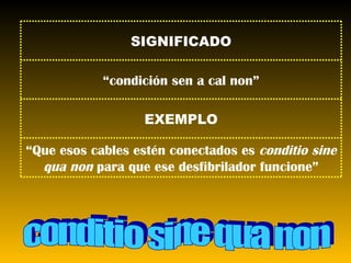 conditio sine qua non “ Que esos cables estén conectados es  conditio sine qua non  para que ese desfibrilador funcione” EXEMPLO “ condición sen a cal non” SIGNIFICADO 