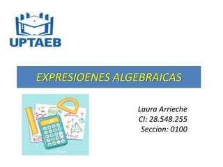 EXPRESIOENES ALGEBRAICAS
Laura Arrieche
CI: 28.548.255
Seccion: 0100
 