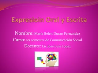 Nombre: María Belén Duran Fernandez 
Curso: 1er semestre de Comunicación Social 
Docente: Lic Jose Luis Lopez 
 
