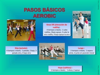 Knee lift (elevación de
rodilla) :
4 tiempos o beats; 1 subo
rodillas, 2bajo-apoyo, 3 subo la
otra rodilla, 4 bajo-apoyo la otra
Knee lift (elevación de
rodilla) :
4 tiempos o beats; 1 subo
rodillas, 2bajo-apoyo, 3 subo la
otra rodilla, 4 bajo-apoyo la otra
Lunge :
2 tiempos o beats; 1 separo
atrás, 2 junto en posición inicial
Lunge :
2 tiempos o beats; 1 separo
atrás, 2 junto en posición inicial
Skip (patada):
4 tiempos o beats; 1 patada, 2 bajo, 3
patada otra, 4 bajo otra
Skip (patada):
4 tiempos o beats; 1 patada, 2 bajo, 3
patada otra, 4 bajo otra
Hops (saltitos) :
2 tiempos o beats; 1 elevo, 2 apoyo
Hops (saltitos) :
2 tiempos o beats; 1 elevo, 2 apoyo
 