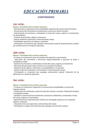 EDUCACIÓN PRIMARIA
                                   CONTENIDOS


1er ciclo:
Bloque 3. Actividades físicas artístico-expresivas
- Descubrimiento y exploración de las posibilidades expresivas del cuerpo y del movimiento.
- Sincronización del movimiento con pulsaciones y estructuras rítmicas sencillas.
- Exteriorización de emociones y sentimientos a través del cuerpo, el gesto y el movimiento,
con desinhibición.
- Imitación de personajes, objetos y situaciones.
- Disfrute mediante la expresión a través del propio cuerpo.
- Posibilidades expresivas con objetos y materiales.
- Participación en situaciones que supongan comunicación corporal. Reconocimiento y respeto
por las diferencias en el modo de expresarse.



2do ciclo:
Bloque 3. Actividades físicas artístico-expresivas
- El cuerpo y el movimiento como instrumentos de expresión y comunicación.
- Adecuación del movimiento a estructuras espacio-temporales y ejecución de bailes y
coreografías simples.
- Expresión de emociones y sentimientos a través del cuerpo, el gesto y el movimiento.
- Recreación de personajes reales y ficticios y sus contextos dramáticos.
- Utilización de los objetos y materiales y sus posibilidades en la expresión.
- Disfrute mediante la expresión y comunicación a través del propio cuerpo.
- Participación en situaciones que supongan comunicación corporal. Valoración de las
diferencias en el modo de expresarse.


3er ciclo:

Bloque 3. Actividades físicas artístico-expresivas
- El cuerpo y el movimiento. Exploración y conciencia de las posibilidades y recursos del
lenguaje corporal.
- Composición de movimientos a partir de estímulos rítmicos y musicales. Elaboración de bailes
y coreografías simples.
- Expresión y comunicación de sentimientos y emociones individuales y compartidas a través
del cuerpo, el gesto y el movimiento.
- Representaciones e improvisaciones artísticas con el lenguaje corporal y con la ayuda de
objetos y materiales.
- Valoración de los usos expresivos y comunicativos del cuerpo.
- Participación y respeto ante situaciones que supongan comunicación corporal.




Expresión Corporal y Danza/ UAH                                                      Página 3
 