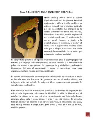 26
Tema 3: EL CUERPO EN LA EXPRESIÓN CORPORAL
Hacer sentir y pensar desde el cuerpo
implicado en el acto de aprender. Desde el
nacimiento el niño y la niña establece un
diálogo corporal con el mundo, motivado
por sus necesidades. La aparición de la
sonrisa alrededor del tercer mes de vida,
humanizará la relación, será la respuesta al
reconocimiento de otro. El nacimiento de
un ser social. Entonces la rigidez y la
quietud, el grito y la sonrisa, la alerta y el
sueño van a significarnos muchas cosas
más que el simple acto motor: nos darán
cuenta de las necesidades de ese sujeto que
está construyendo su identidad.
El tiempo hará que exista un espacio de diferenciación entre el cuerpo propio y el
materno y el lenguaje se irá enriqueciendo del caos sensorial y la aparición de la
palabra se sumará a este proceso de representación y simbolismo, pudiendo ir
fluidamente del acto al pensamiento y sumar el movimiento entre otras
expresiones: dibujo, pintura, escritura, sonido, etc.
El hombre es un ser social es decir que sus satisfacciones se vehiculizan a través
de las relaciones con los otros. No podemos concebir al hombre aislado, aun
trabajando solo, está rodeado de imágenes, ideas, representaciones, producto de
sus relaciones con los otros.
Una educación hacia la preservación, el cuidado del hombre, el respeto por los
valores más importantes, tales como la identidad, la vida, la libertad, son el
desafío. Un niño es un ser que está vivo, en movimiento, que duda, sabe, busca,
renuncia, elige, sufre y goza, piensa y actúa y en este proceso de aprender,
también enseña y un maestro es un ser que está vivo, en movimiento que duda,
sabe busca y renuncia al elegir, sufre, goza, piensa y actúa en el acto de enseñar,
también aprende.
 