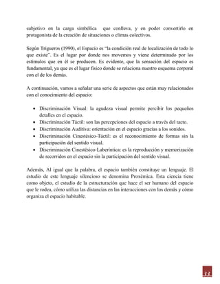 33
subjetivo en la carga simbólica que conlleva, y en poder convertirlo en
protagonista de la creación de situaciones o climas colectivos.
Según Trigueros (1990), el Espacio es “la condición real de localización de todo lo
que existe”. Es el lugar por donde nos movemos y viene determinado por los
estímulos que en él se producen. Es evidente, que la sensación del espacio es
fundamental, ya que es el lugar físico donde se relaciona nuestro esquema corporal
con el de los demás.
A continuación, vamos a señalar una serie de aspectos que están muy relacionados
con el conocimiento del espacio:
 Discriminación Visual: la agudeza visual permite percibir los pequeños
detalles en el espacio.
 Discriminación Táctil: son las percepciones del espacio a través del tacto.
 Discriminación Auditiva: orientación en el espacio gracias a los sonidos.
 Discriminación Cinestésico-Táctil: es el reconocimiento de formas sin la
participación del sentido visual.
 Discriminación Cinestésico-Laberíntica: es la reproducción y memorización
de recorridos en el espacio sin la participación del sentido visual.
Además, Al igual que la palabra, el espacio también constituye un lenguaje. El
estudio de este lenguaje silencioso se denomina Proxémica. Esta ciencia tiene
como objeto, el estudio de la estructuración que hace el ser humano del espacio
que le rodea, cómo utiliza las distancias en las interacciones con los demás y cómo
organiza el espacio habitable.
 
