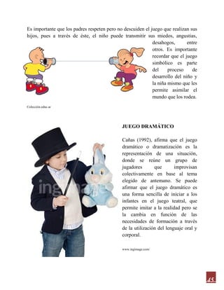 45
Es importante que los padres respeten pero no descuiden el juego que realizan sus
hijos, pues a través de éste, el niño puede transmitir sus miedos, angustias,
desahogos, entre
otros. Es importante
recordar que el juego
simbólico es parte
del proceso de
desarrollo del niño y
la niña mismo que les
permite asimilar el
mundo que los rodea.
Colección.educ.ar
JUEGO DRAMÁTICO
Cañas (1992), afirma que el juego
dramático o dramatización es la
representación de una situación,
donde se reúne un grupo de
jugadores que improvisan
colectivamente en base al tema
elegido de antemano. Se puede
afirmar que el juego dramático es
una forma sencilla de iniciar a los
infantes en el juego teatral, que
permite imitar a la realidad pero se
la cambia en función de las
necesidades de formación a través
de la utilización del lenguaje oral y
corporal.
www.ingimage.com/
 