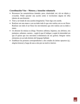 60
Coordinación Viso – Motora y Atención voluntaria
 Reconocer las características (tamaño, peso, elasticidad, etc.) de un objeto y
evocarlas. Poder ejecutar una acción como si tuviésemos alguna de ellas
(dentro de una historia).
 Tirar y ser tirado de una cuerda (imaginaria). Traer algo con cuerda.
 Realizar con una mano o con un dedo todo lo que otro realiza con su ser físico.
Realizar con todo el ser físico los movimientos que otro realiza con su dedo o
mano.
 Un director de música os dirige. Nosotros subimos, bajamos, nos abrimos, nos
juntamos, saltamos, caemos... según lo que él indique y según la intensidad con
que él quiera que nos movamos (vehemencia de sus gestos). Integrar varios
elementos en un todo distinto del lenguaje hablado
 Establecer las posturas correspondientes a dos estados de ánimo opuestos (ej.:
alegría-tristeza) y luego de una a otra por un motivo interior.
 
